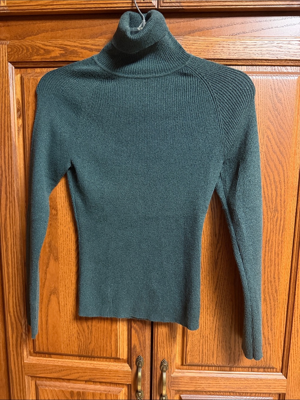 Women's Dark Green Turtleneck Ribbed Sweater with subtle gold speckles